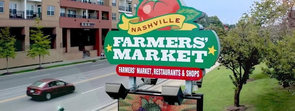 Nashville Farmers’ Market sign outside the year-round public market near downtown Nashville, Tennessee.