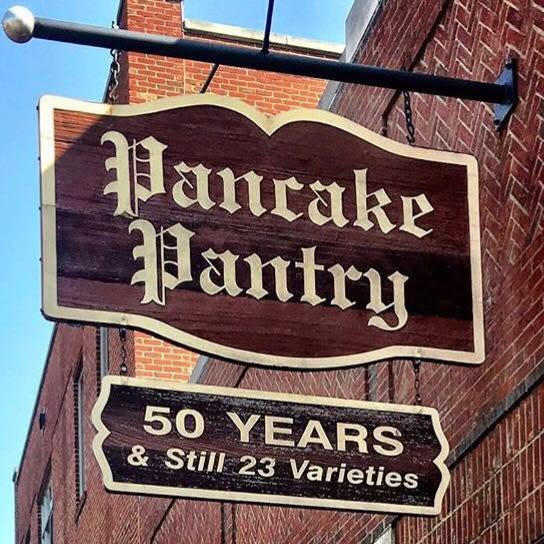 The Pancake Pantry restaurant sign in Nashville, Tennessee, advertising 23 varieties of pancakes.