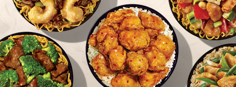 Panda Express dishes including Orange Chicken, beef and broccoli, noodles, rice, and mixed vegetables.