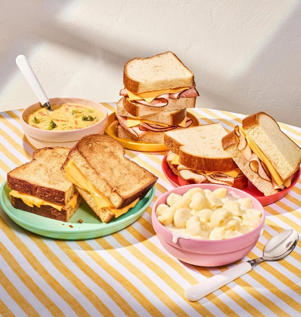 Sandwiches, grilled cheese, soup, and macaroni and cheese from Panera Bread.