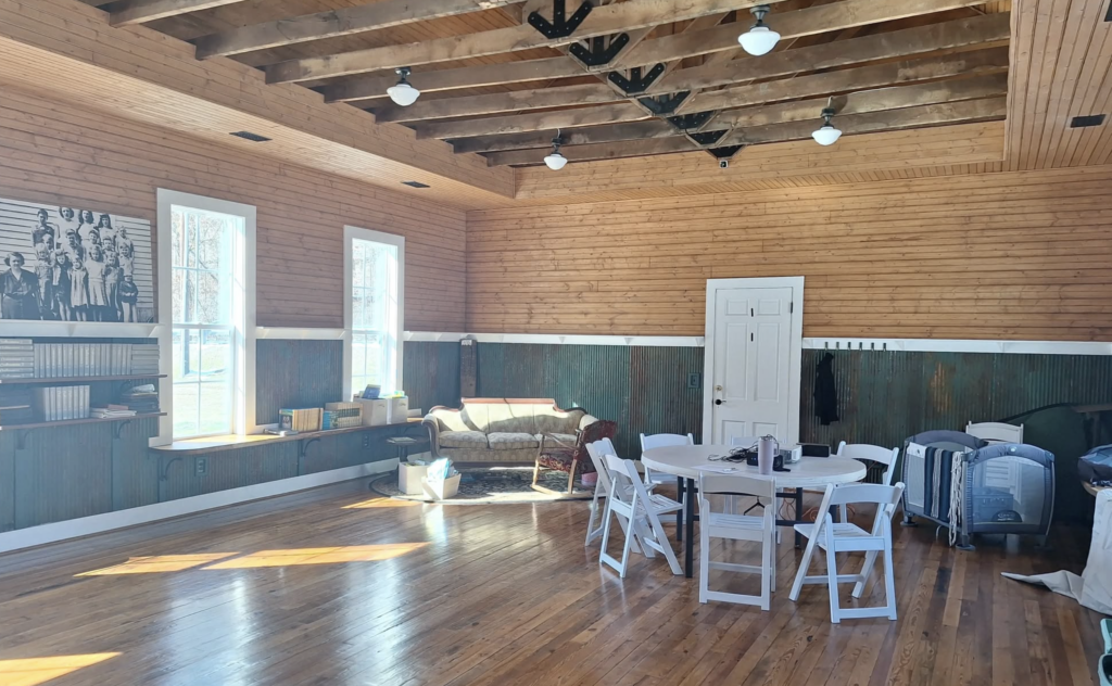 Interior of The Parham Schoolhouse in Leiper’s Fork, Tennessee, used for homeschool enrichment and nature-based learning.