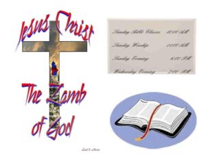 Pond Church of Christ graphic featuring a cross, Bible, and worship service times.