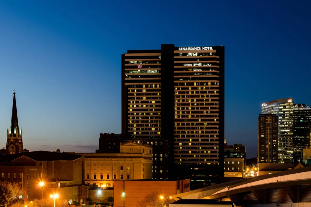 Renaissance Nashville Hotel illuminated at night in downtown Nashville, Tennessee.