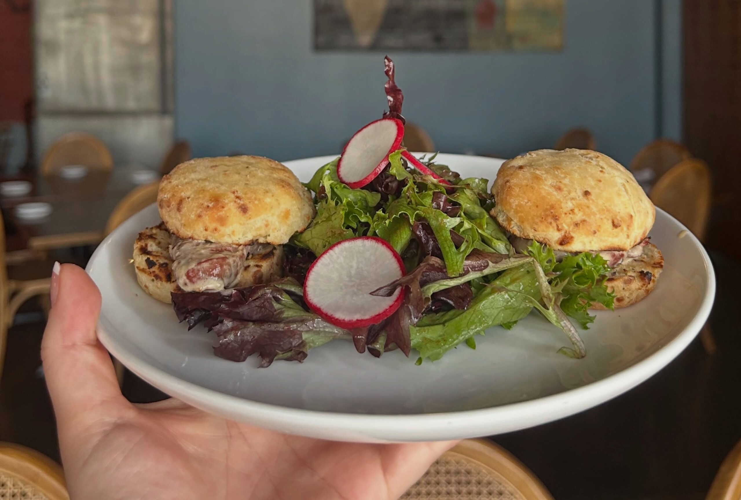 Steak biscuits with greens at Saffire at The Factory at Franklin in Franklin, TN.