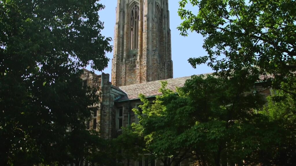 Historic Gothic-style buildings and tower at Scarritt Bennett Center in Nashville, Tennessee.