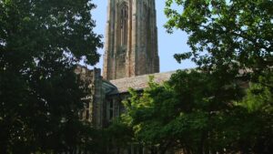 Historic Gothic-style buildings and tower at Scarritt Bennett Center in Nashville, Tennessee.