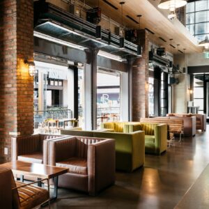 Interior seating area leading to Skydeck on Broadway at Assembly Food Hall in downtown Nashville.