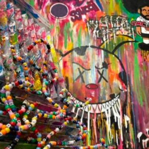 Colorful contemporary artwork on display at SUGallery in Nashville, featuring mixed-media details and bold painted imagery.
