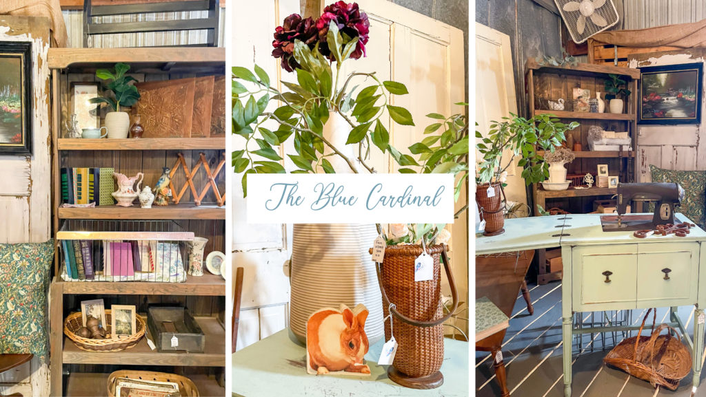 Interior displays at The Blue Cardinal featuring vintage furniture, home décor, books, baskets, artwork, and decorative accessories.