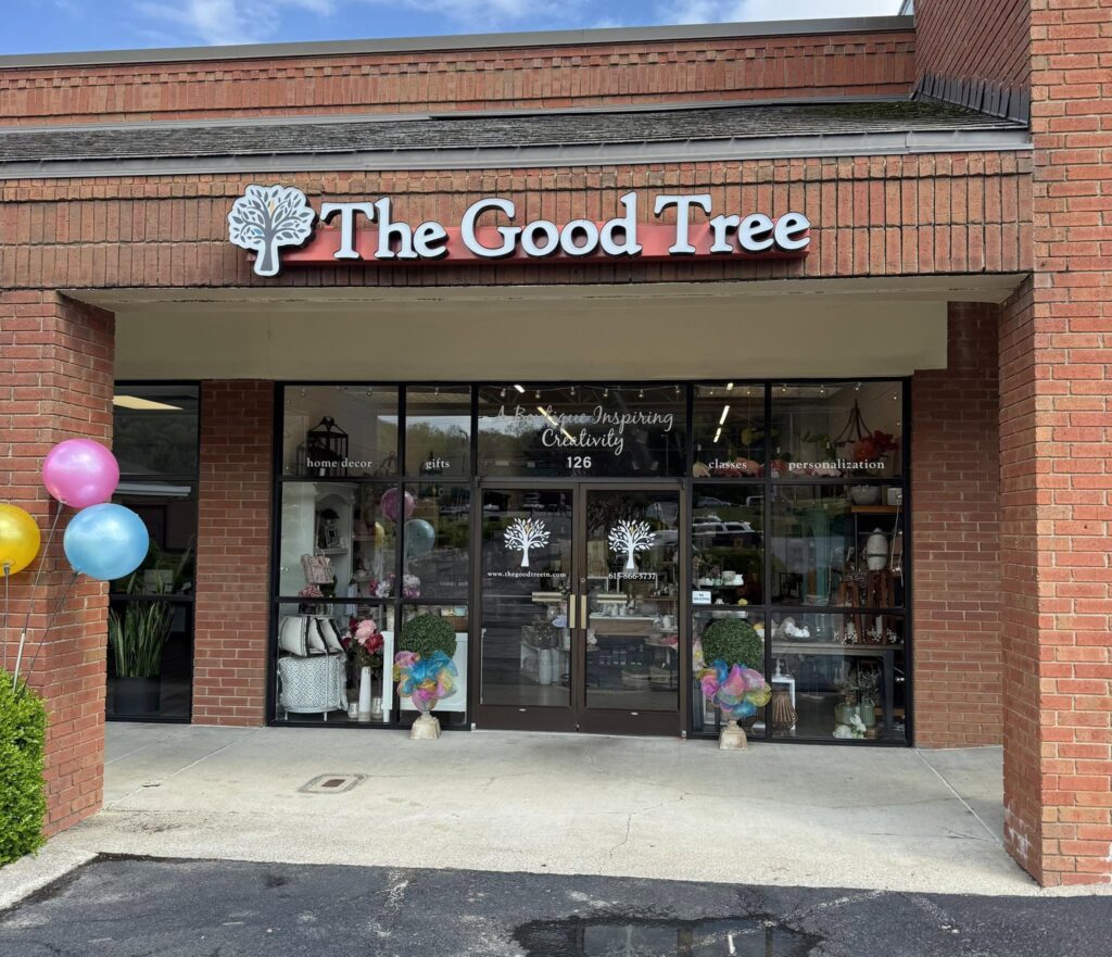 Exterior of The Good Tree boutique in Franklin, Tennessee, with storefront displays featuring home décor and gifts.