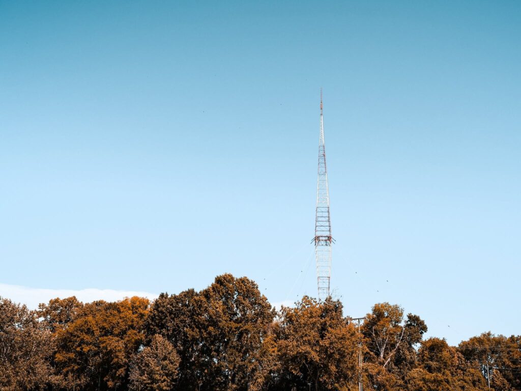 Historic WSM broadcast tower rising above Tower Park in Brentwood, Tennessee.
