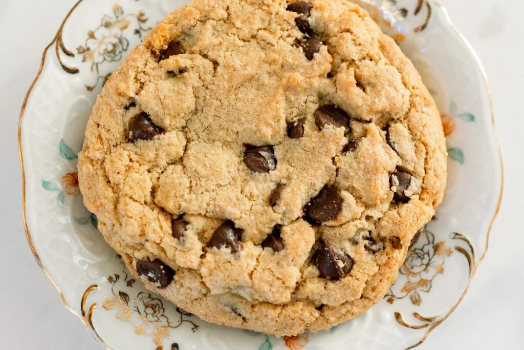 Chocolate chip cookie on a vintage plate at Triple Crown Bakery in downtown Franklin, Tennessee.