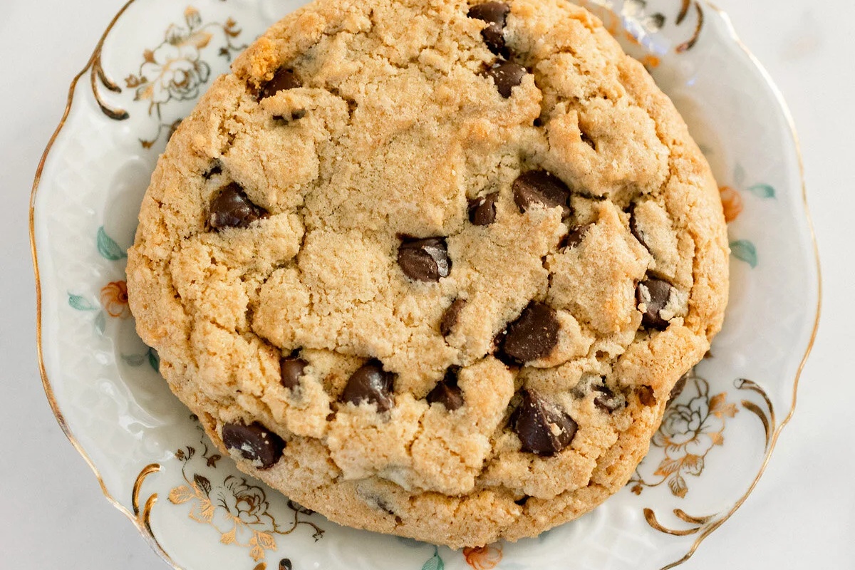 Chocolate chip cookie on a vintage plate at Triple Crown Bakery in downtown Franklin, Tennessee.
