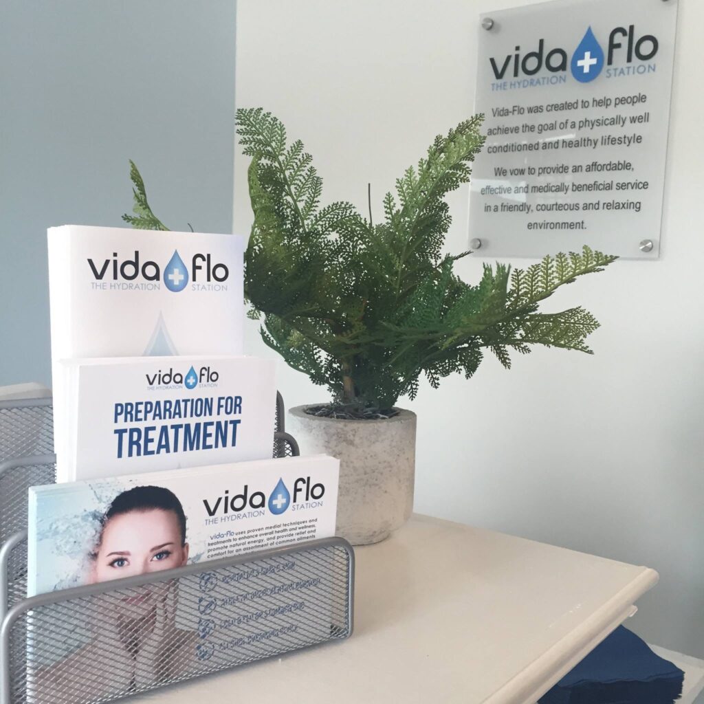 Vida-Flo IV hydration and vitamin infusion clinic treatment information and reception area.