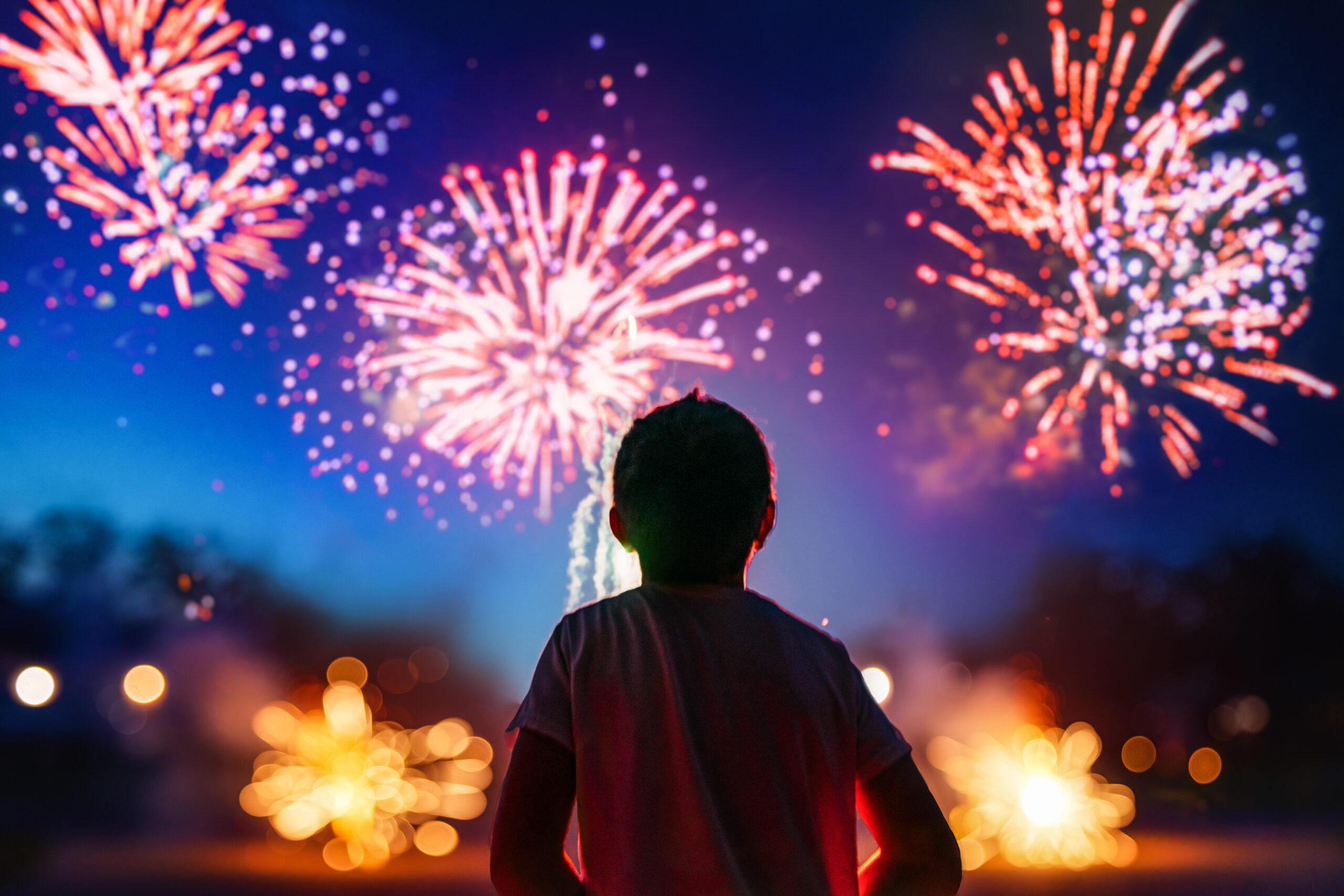 Child watching Fourth of July fireworks show in Williamson County, Tennessee.
