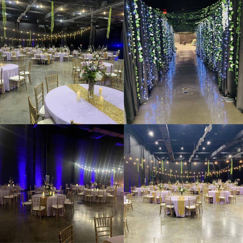 Event setup inside Worldwide Stages in Spring Hill, Tennessee, with banquet tables, lighting, and decorated event spaces.