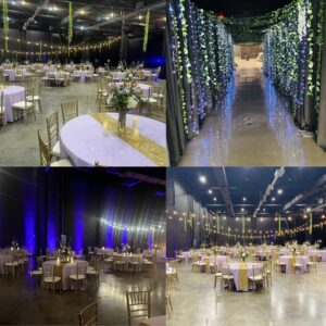 Event setup inside Worldwide Stages in Spring Hill, Tennessee, with banquet tables, lighting, and decorated event spaces.