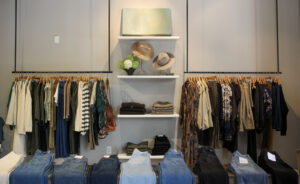 Dresses and denim display at Emmeline boutique in Downtown Franklin, TN