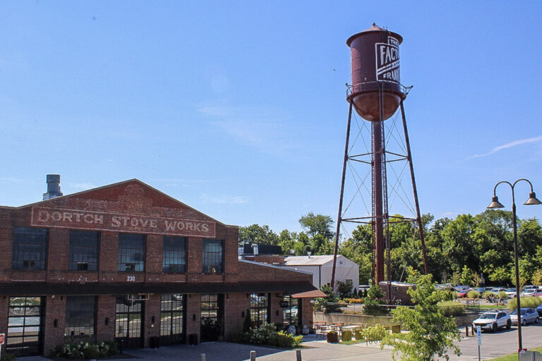 The Factory at Franklin with its historic brick buildings and water tower in Franklin, Tennessee