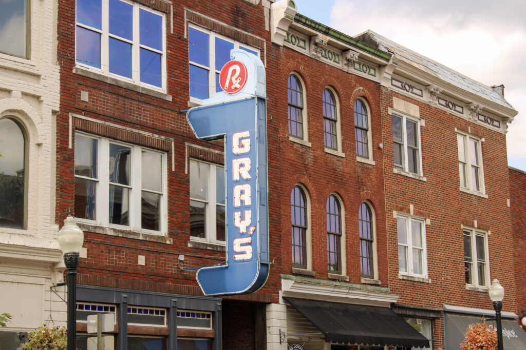 Historic Gray’s on Main building and neon sign in downtown Franklin, Tennessee