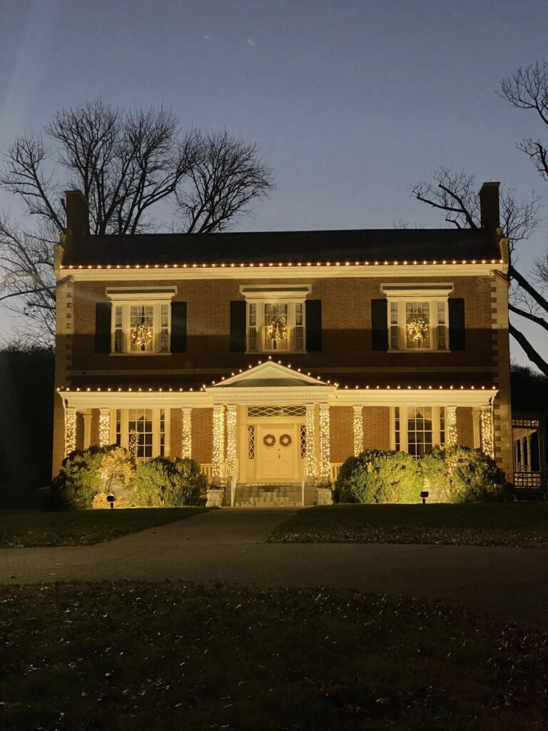 Ravenswood Mansion decorated with holiday lights in Brentwood, TN