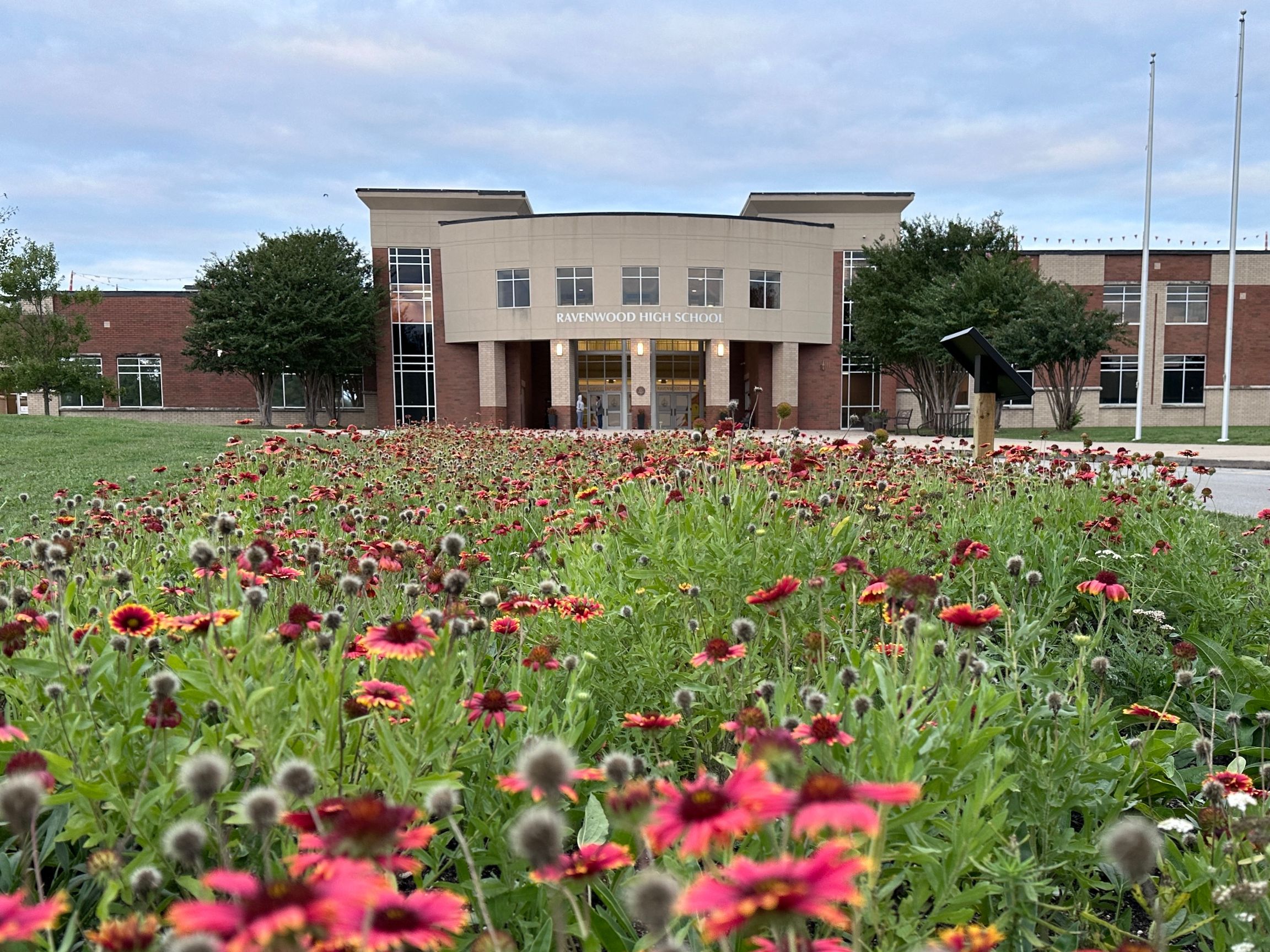 TEC pollinator garden with native flowers outside Ravenwood High School in Brentwood, Tennessee