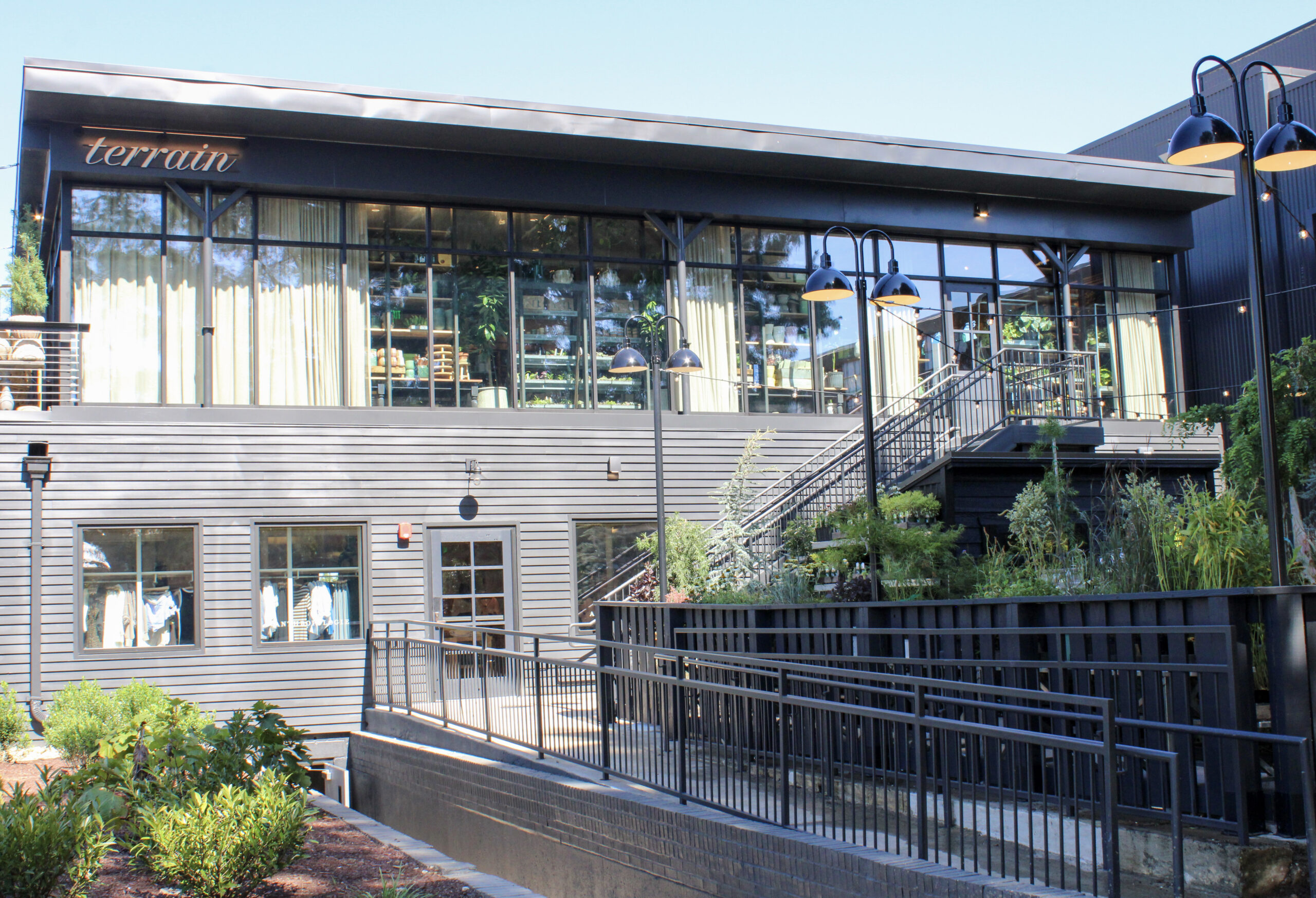Exterior of Terrain at The Factory at Franklin with outdoor nursery plants and upper-level entrance
