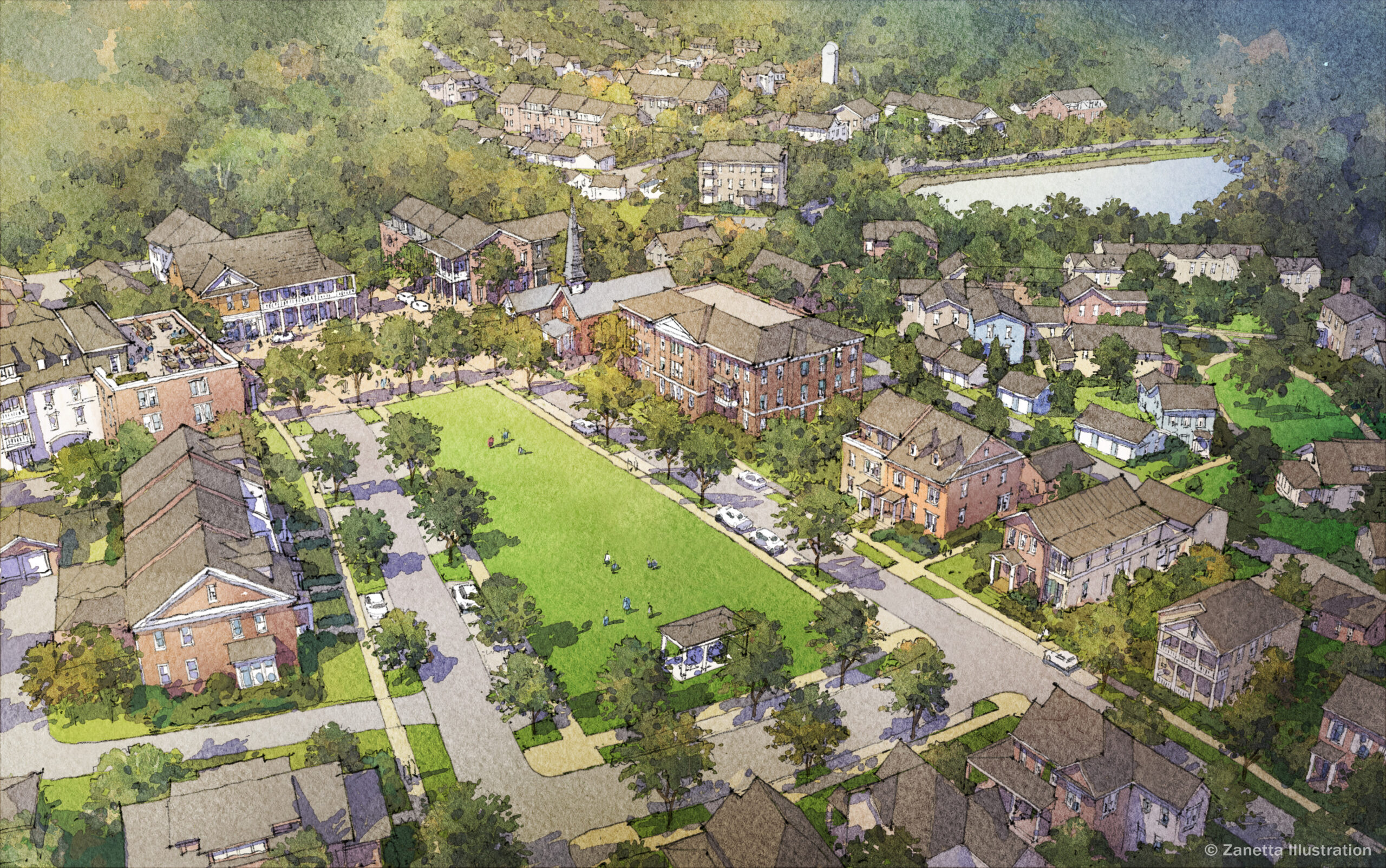 Asbury aerial rendering, Asbury in Franklin, TN is envisioned as a mixed-use neighborhood built around meaningful connections to the land, community, and one another. The 375-acre site formerly known as the Harlin farm in south Franklin will feature a conscientiously designed collection of homes and specialty shops, with a boutique inn and thoughtful places to gather, relax, and work, all centered around a town square and open green that serves as the heart of the neighborhood. More than 200 acres will be reserved as public open space.