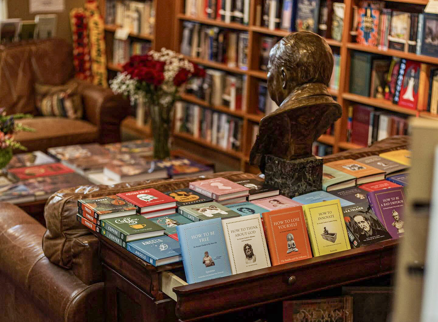 Interior of Landmark Booksellers in downtown Franklin, Tennessee, with books displayed throughout the independent Main Street bookstore.