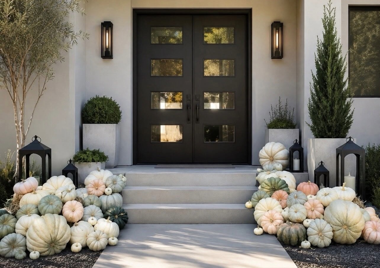 Fall porch decorated with white, green, blush, and heirloom pumpkins by Autumn in Tennessee in Franklin, TN
