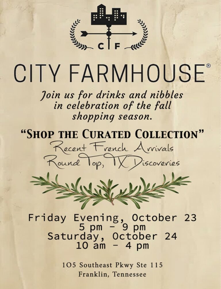 City Farmhouse Shop the Curated Collection event in Franklin, TN at their Warehouse Showroom, a graphic showing all of the details for the event.