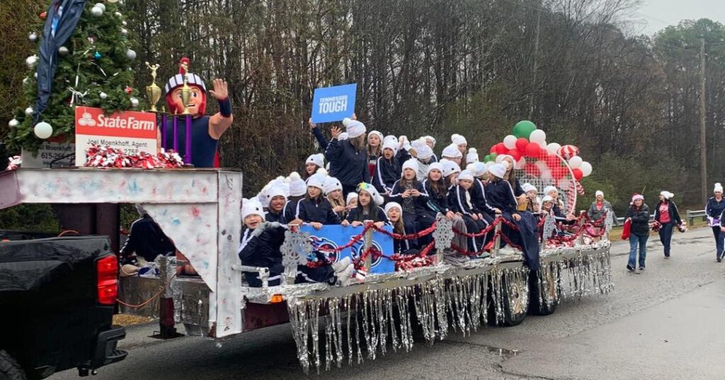 Decorated float with costumed riders in the Fairview Christmas Parade