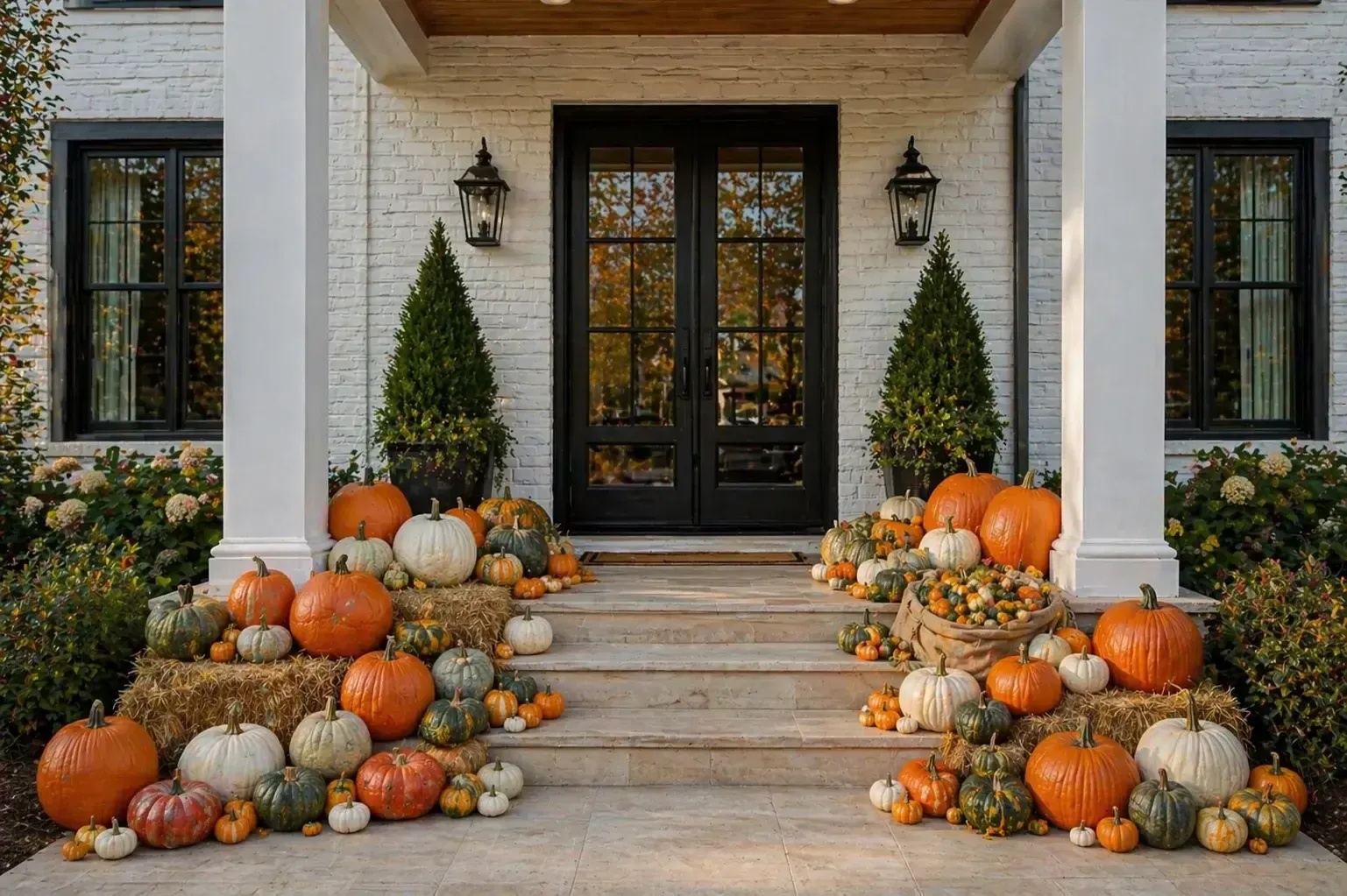 Fall porch decorated with pumpkins, gourds, and hay bales by Fall Pumpkin Delivery in Franklin, TN