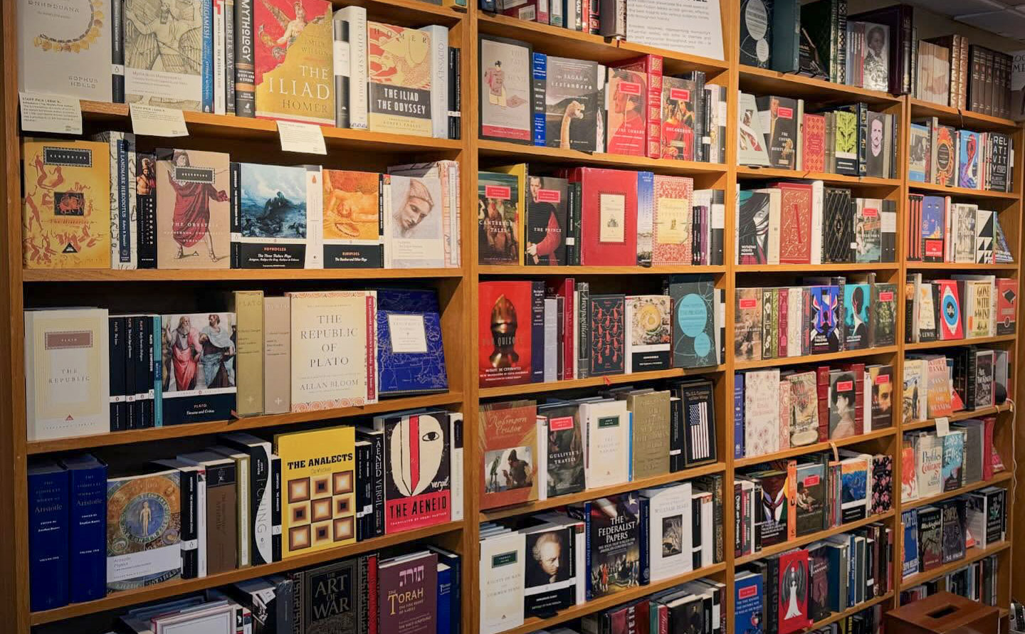 Bookshelves filled with classics and contemporary titles at Landmark Booksellers in downtown Franklin, Tennessee.