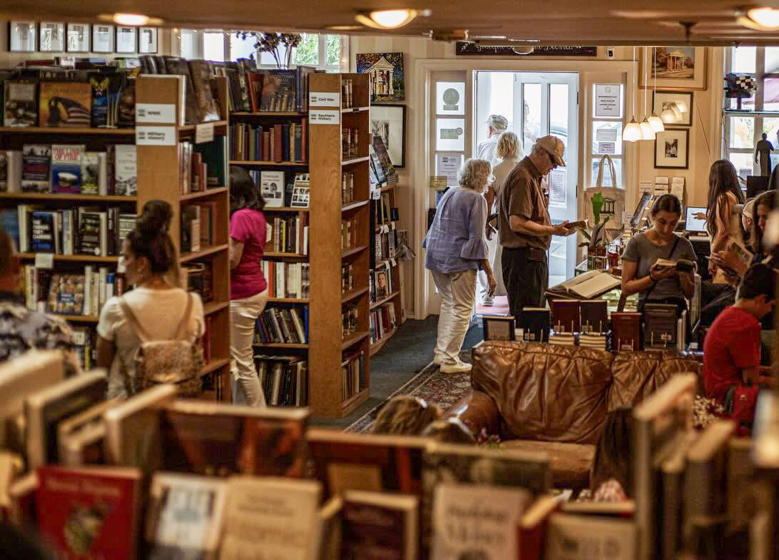 Customers browse books inside Landmark Booksellers on Main Street in downtown Franklin, Tennessee.