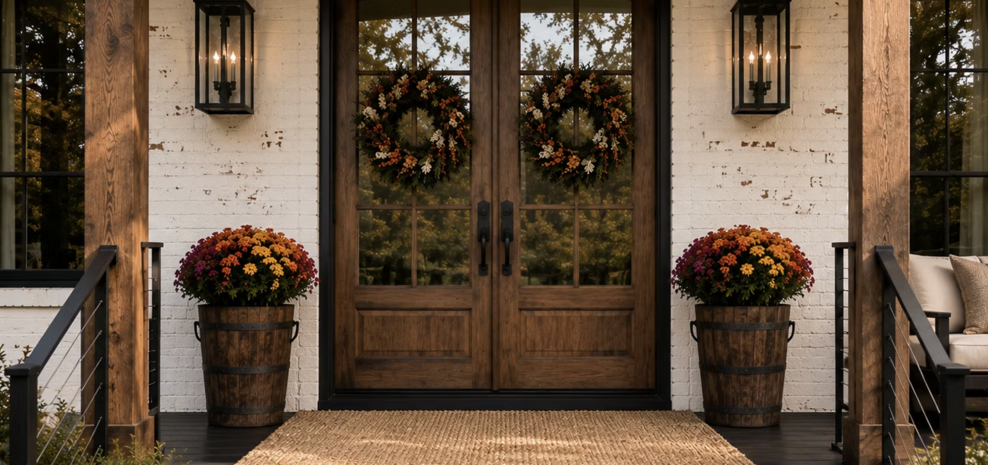 Fall porch decorated with wreaths and large mums in wooden planters by The Grateful Stoop in Franklin, TN