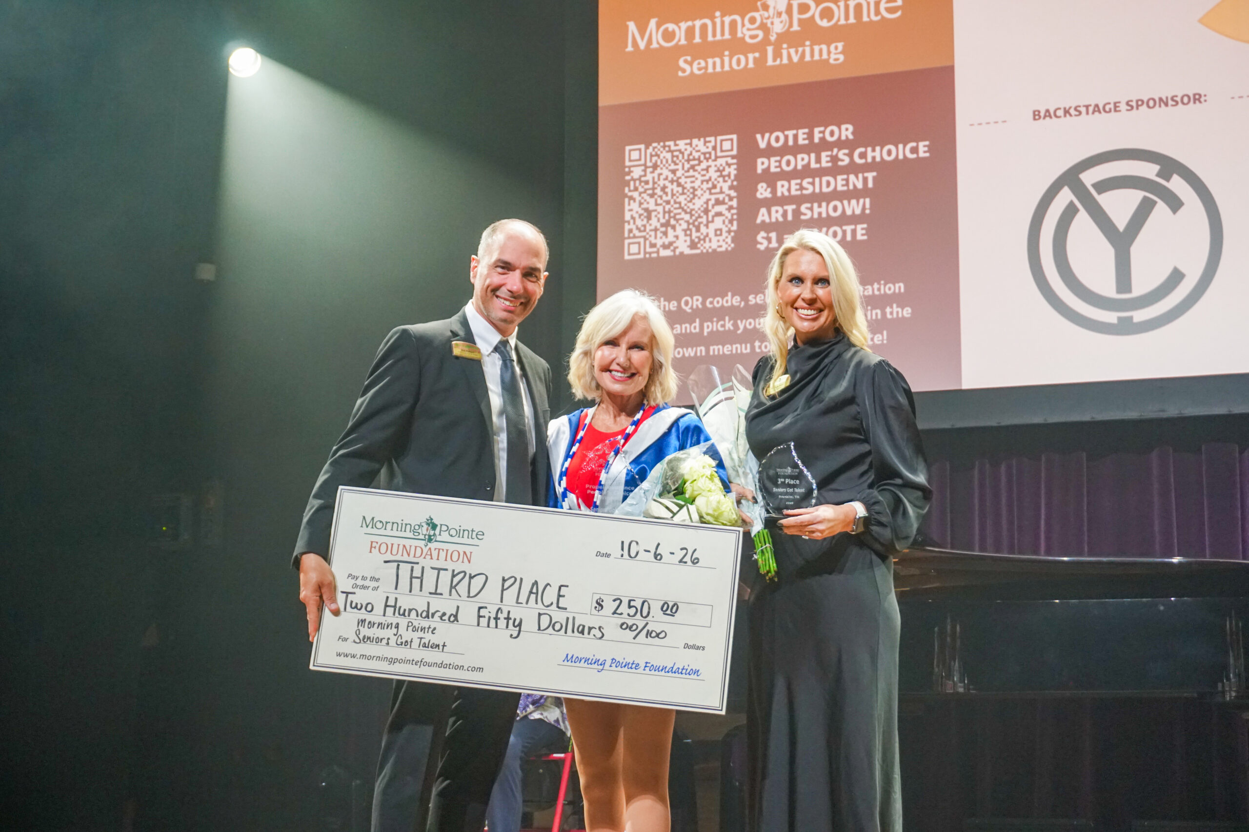 From left: MorningPointe’s Senior Vice President of Services and Assets Rob Pollard, third place winner Terry Coulter, and Miranda Perez Executive Director of the Morning Pointe Foundation.