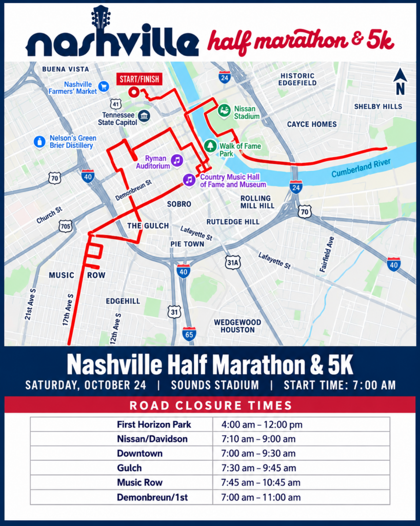 Nashville Half Marathon & 5K Road Closure Guide