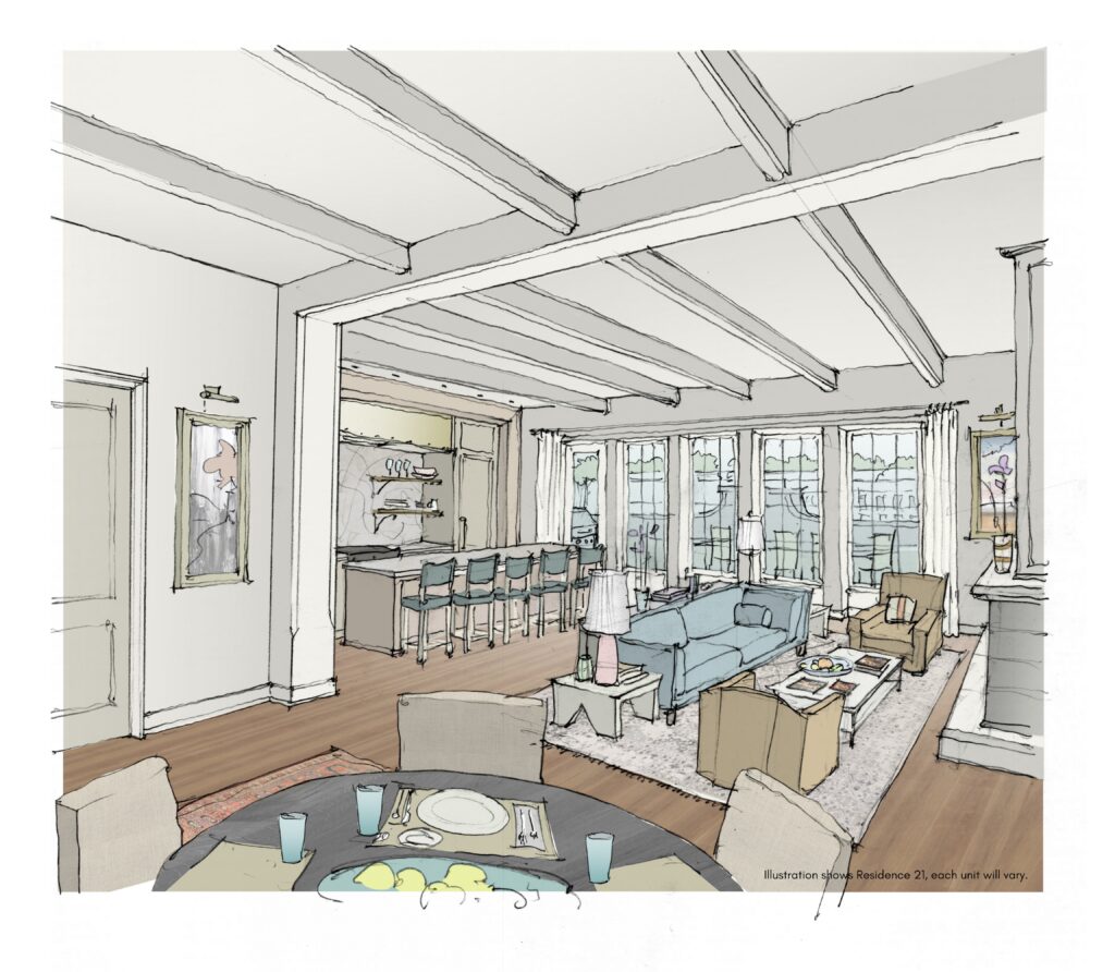 The Residences at The Margin District Kitchen_Living Perspective (with disclaimer)