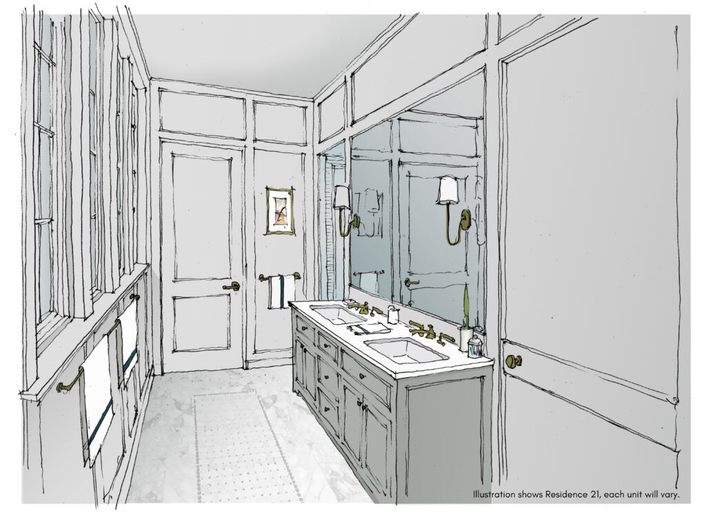 The Residences at The Margin District Primary Bath Perspective (with disclaimer)