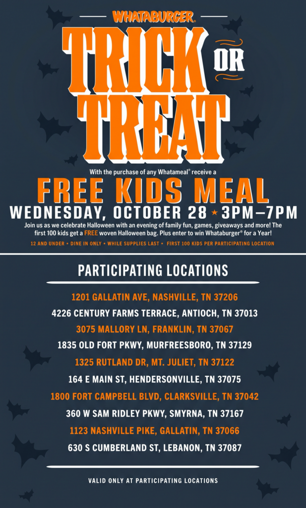 Whataburger Trick or Treat Bag Giveaway Franklin - Williamson County, TN.