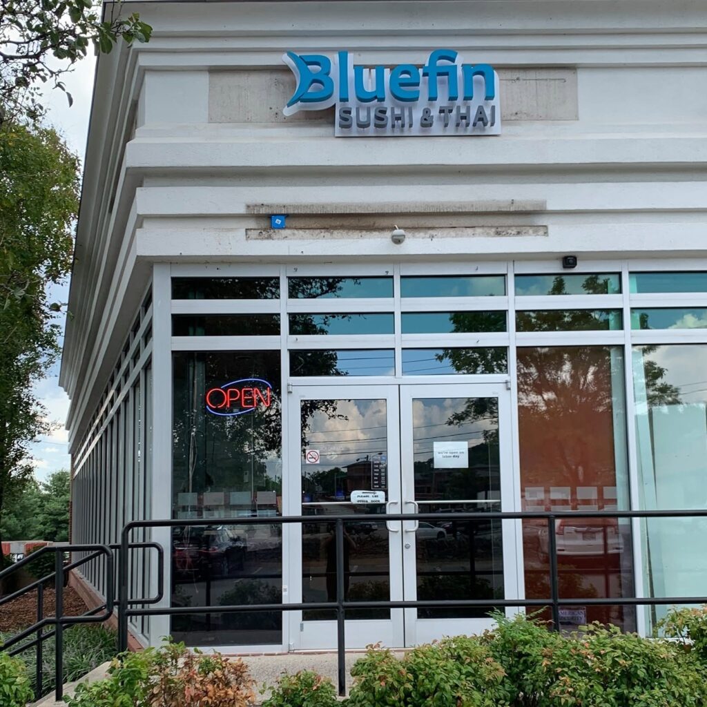 Exterior entrance of Bluefin Sushi & Thai in Brentwood, Tennessee.