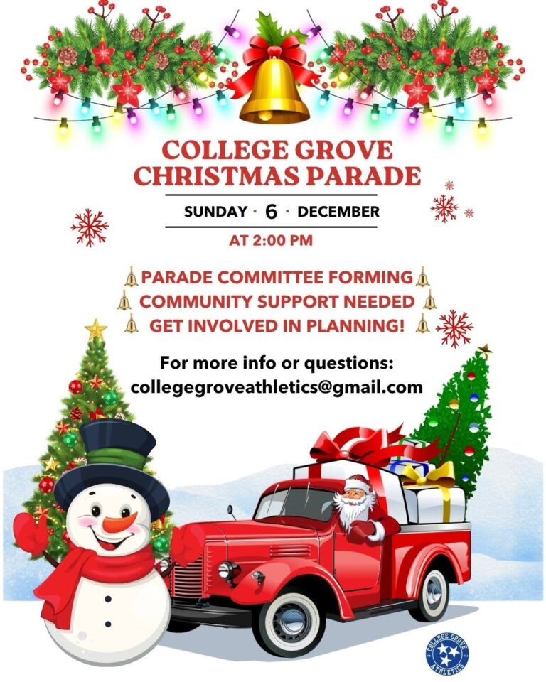 2026 College Grove Christmas Parade flyer with parade details.