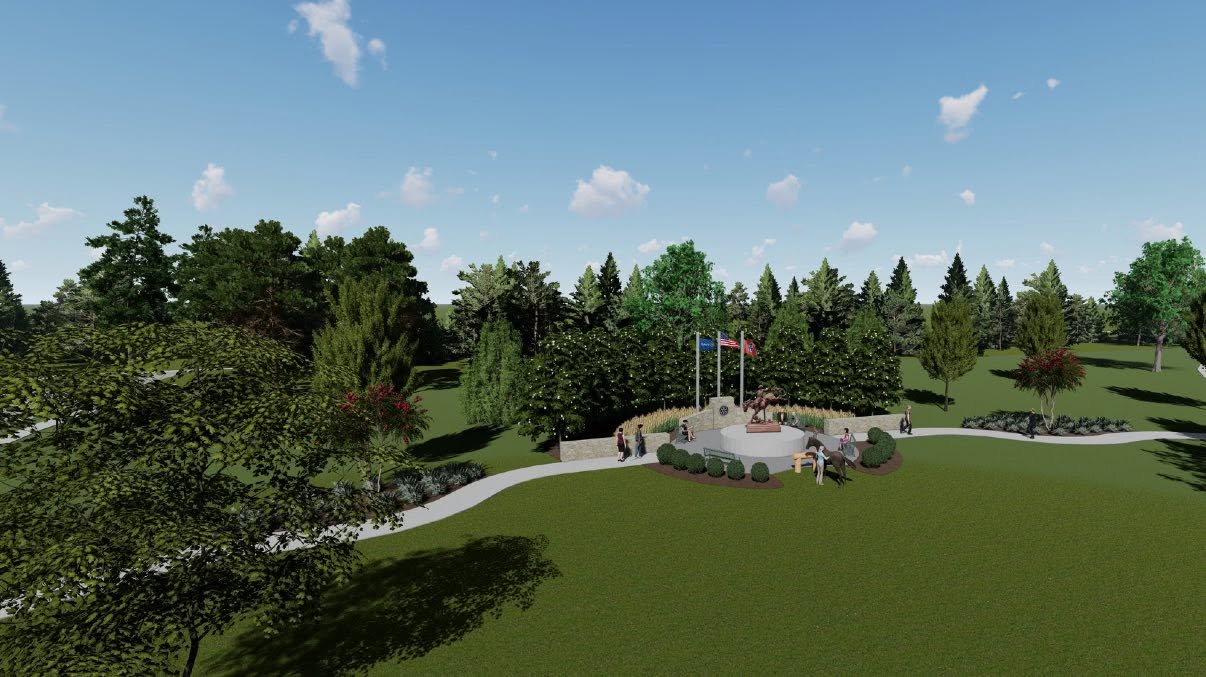 Rendering of Franklin Rodeo Plaza at Jim Warren Park in Franklin, Tennessee, featuring the cowboy and bucking horse statue.