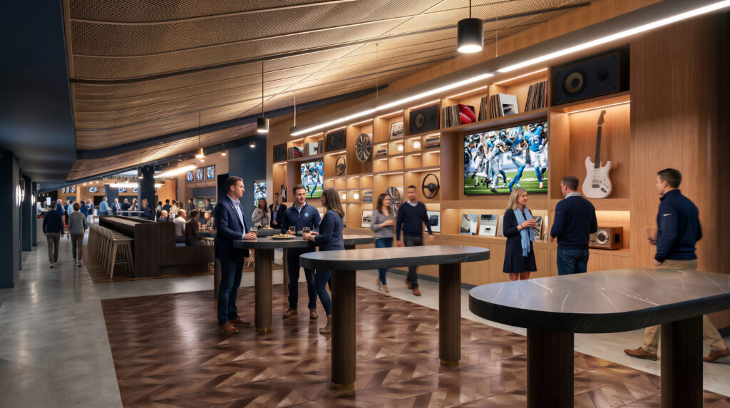 Multiple people sitting and standing around cocktails tables and lounge couches at Nissan Stadium in Nashville, TN.
