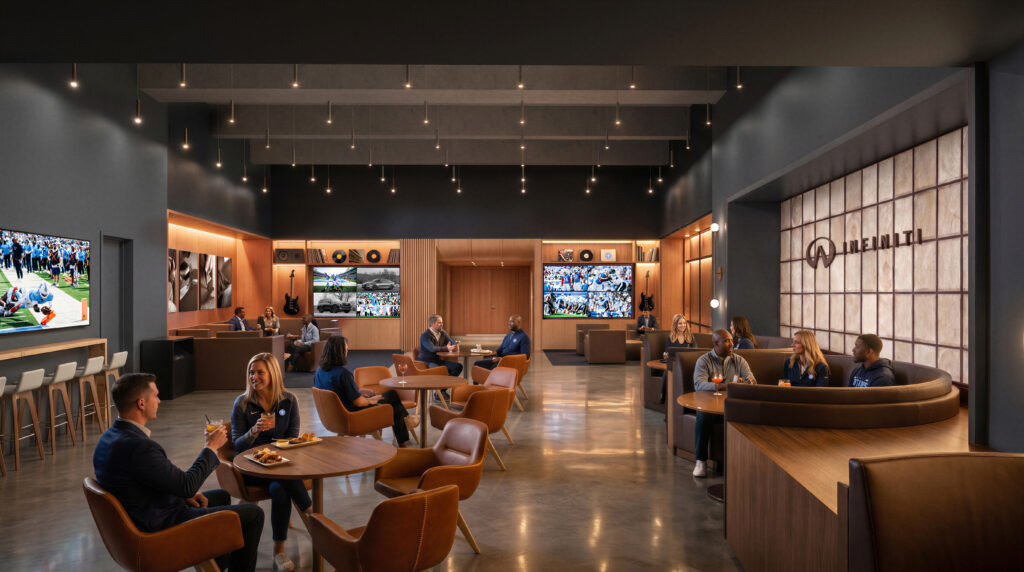 Artistic rendering of people sitting in cafe tables at INFINITI Club at Nissan Stadium in Nashville, TN.