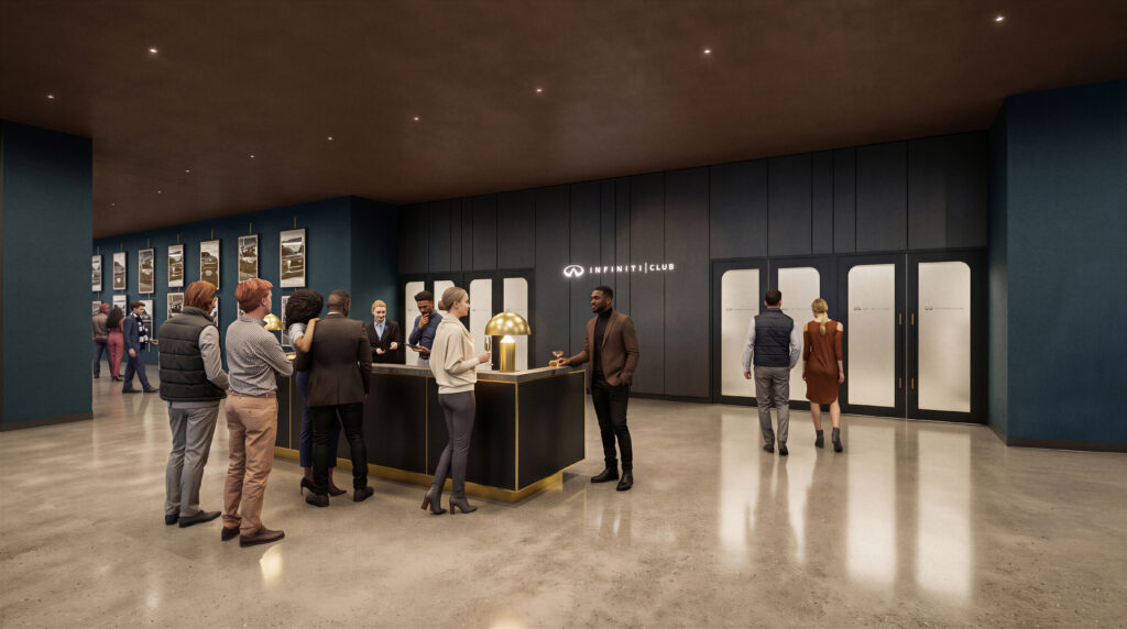 Artistic rendering of people walking around an INFINITI Club lobby in the Nissan Stadium in Nashville, TN.
