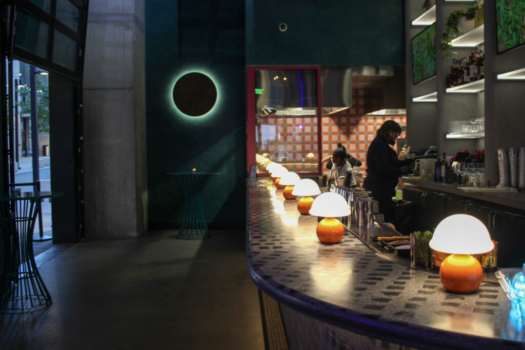 Bar area inside Puesto Mexican restaurant in Nashville Yards, Nashville, TN.