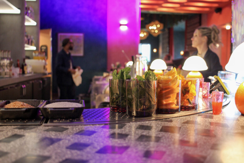 Bar area inside Puesto Mexican restaurant in Nashville Yards, Nashville, TN.