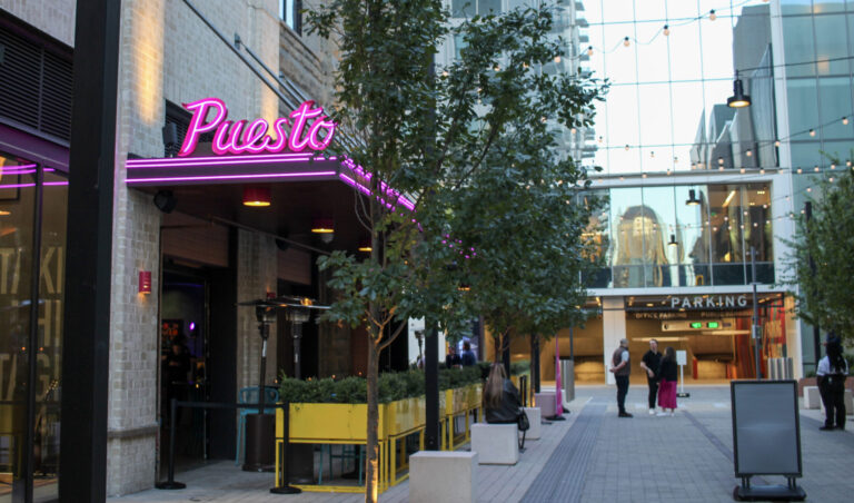 Exterior of Puesto, a Mexican restaurant at Nashville Yards in Nashville, Tennessee.
